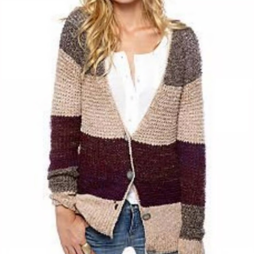 Free People Chunky Striped Cardigan in Beige, Brown, Plum